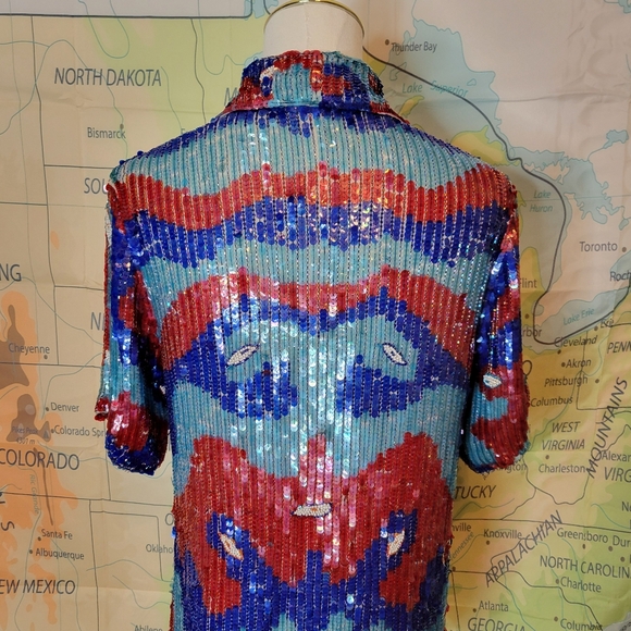 Vintage Silk Colorful Sequin & Beaded Short Sleeve Top - Picture 6 of 13
